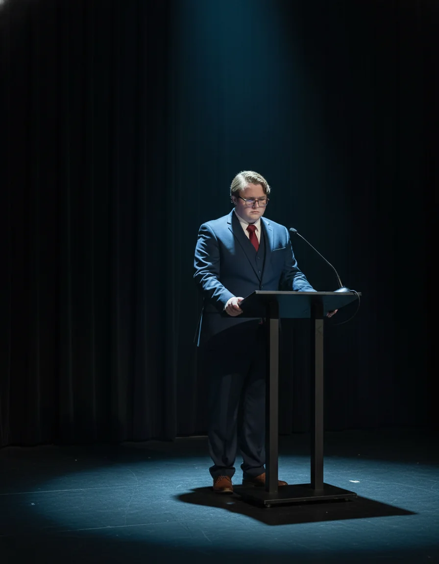 Payson Wake at the podium, single shaft of cool blue spotlight.