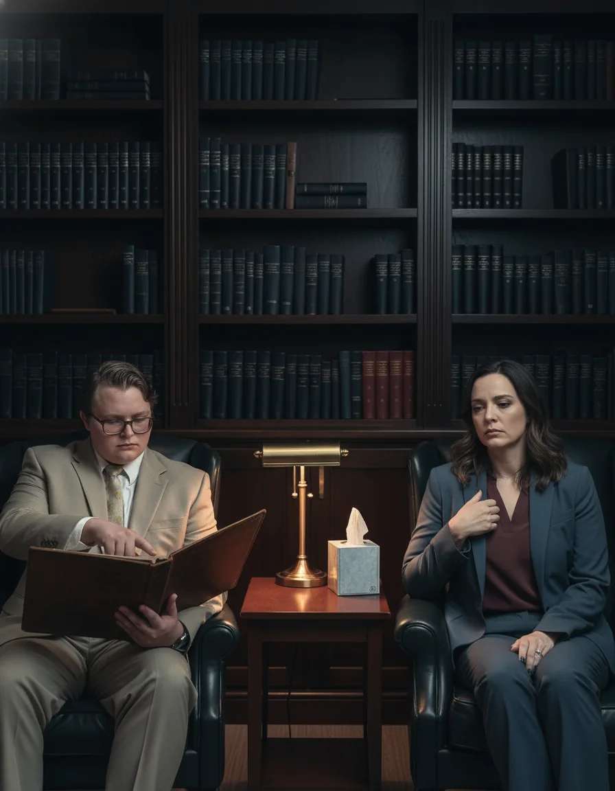 Payson in leather chair across from a visibly deflated client in a study.