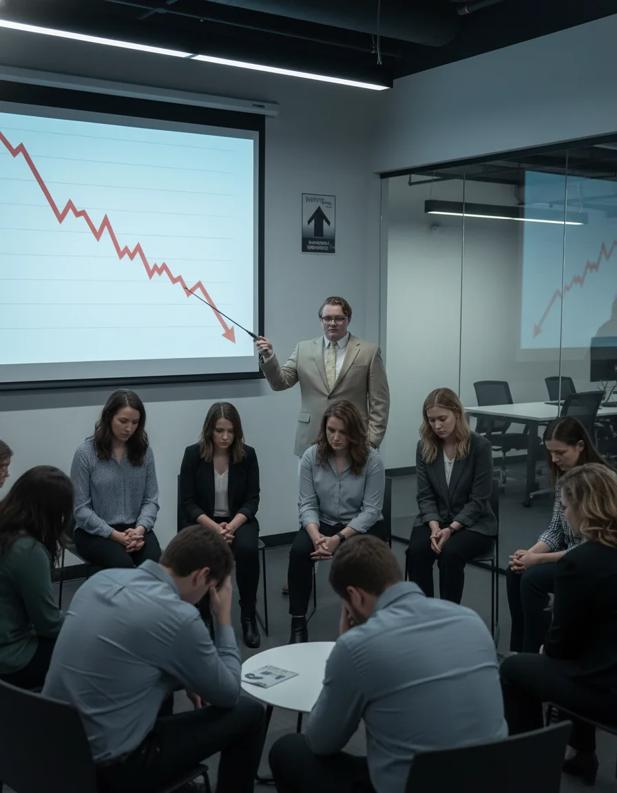 Payson addressing corporate employees with a sharply downward chart projected behind.