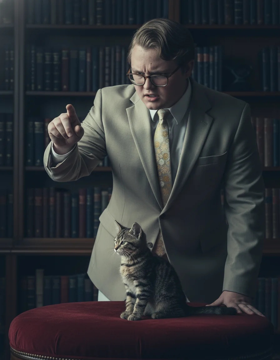 Payson sternly lecturing a serene kitten on a velvet ottoman.