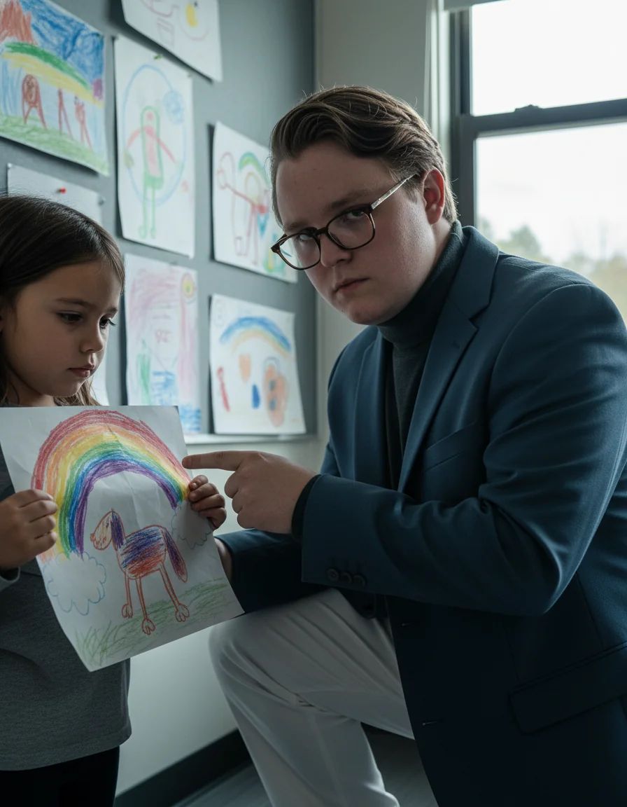 Payson kneeling and gently critiquing a child's crayon drawing.