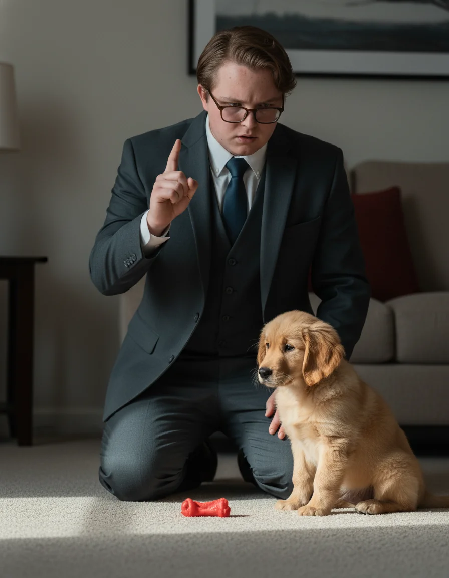 Payson kneeling in formal posture briefing a sad-looking golden retriever puppy.