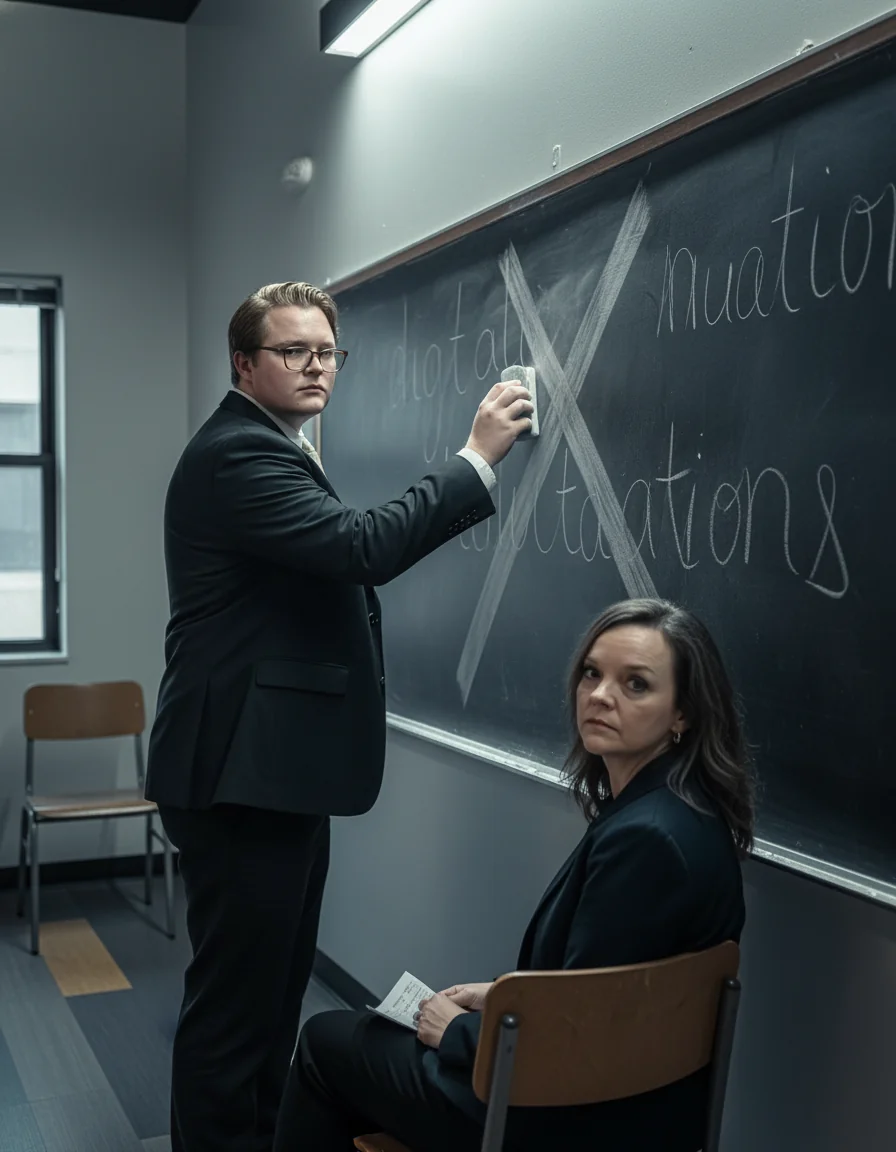 Payson at a chalkboard methodically erasing motivational slogans before a sober client.