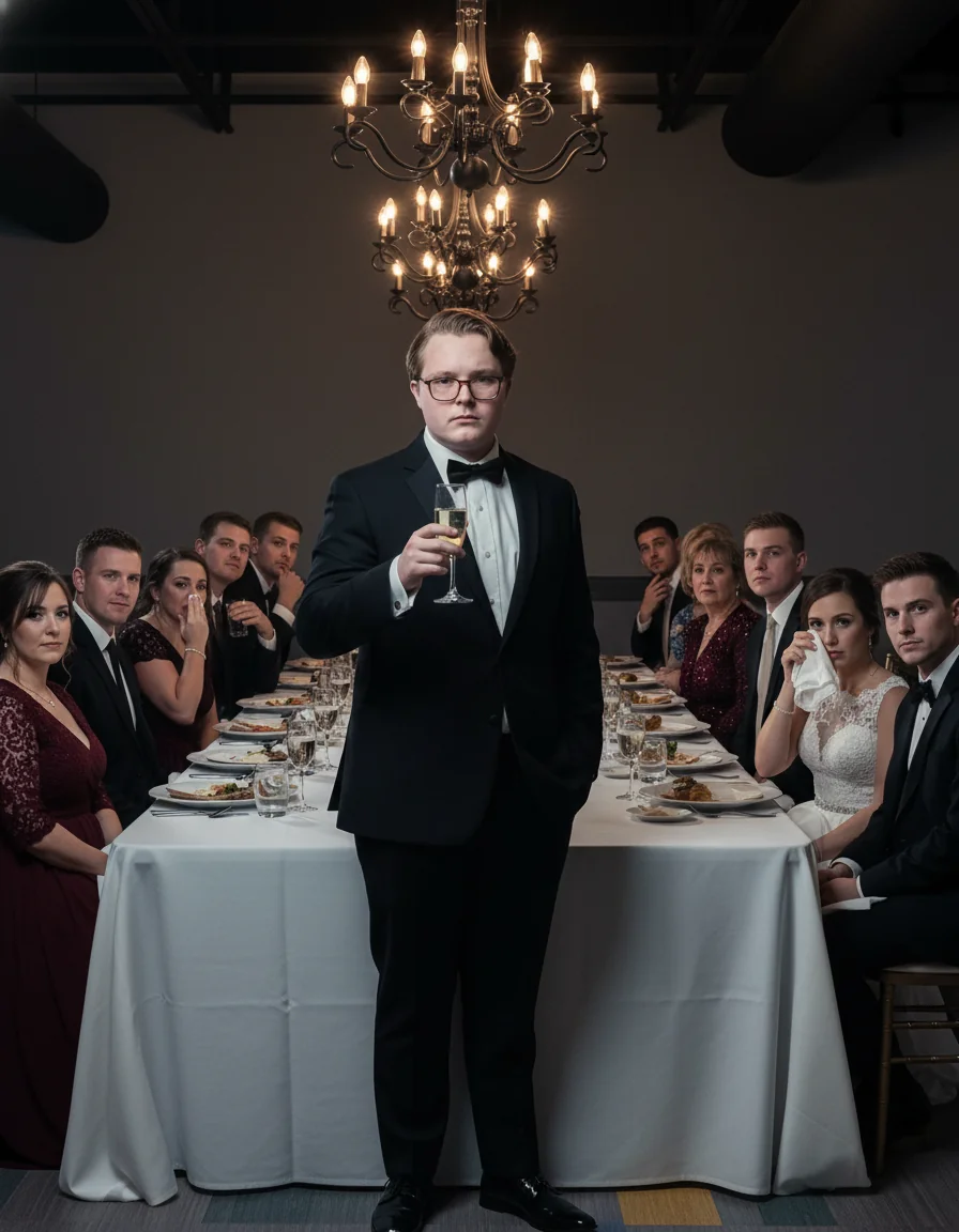 Payson delivering an intensely serious wedding toast as guests visibly recoil.